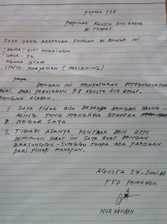 Surat pengunduran diri karyawan resort mewah di Raja Ampat. (Twitter.com/Capres Abadi)