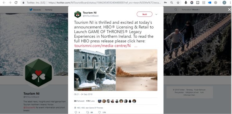 Lokasi syuting Game of Thrones akan dibuka untuk umum. (Twitter/NITouristBoard)