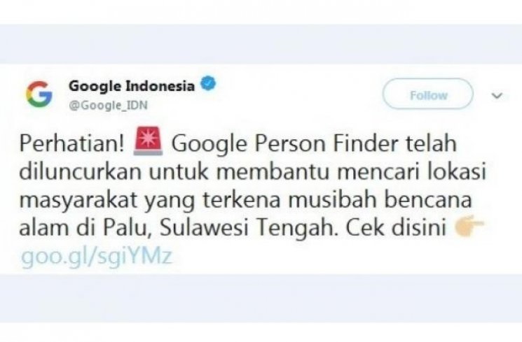 Postingan fitur baru Google Person Finder. [Twitter]