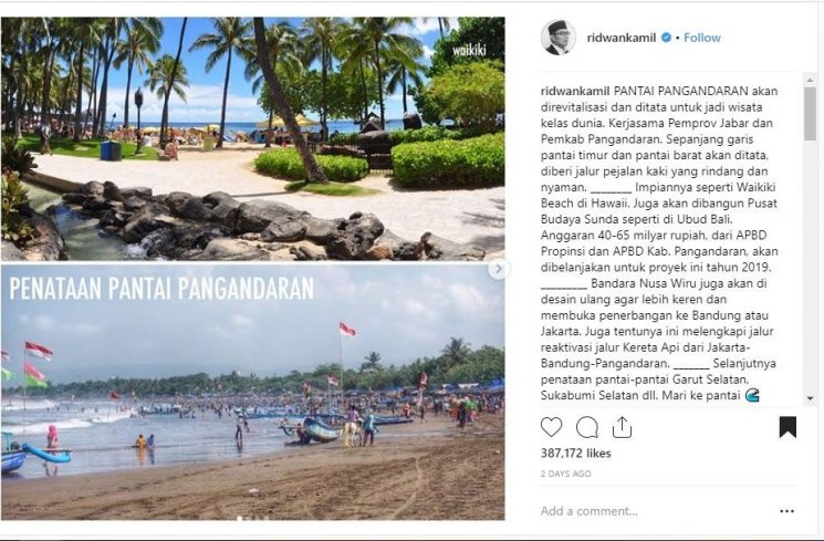 Kondisi Pantai Pangandaran (instagram.com/ridwankamil)