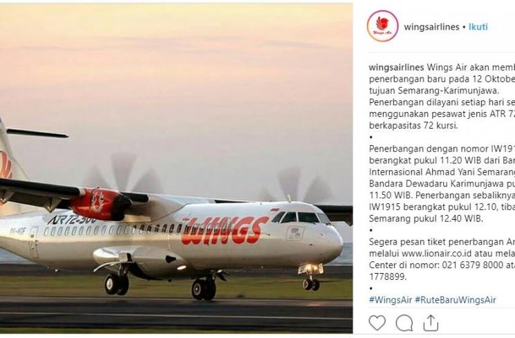 Wings Air rute baru PP Semarang-Karimunjawa. (Instagram/@wingsairlines)