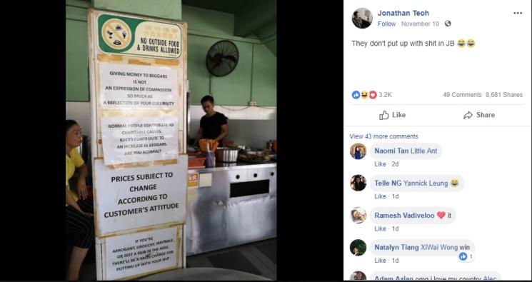 Restoran di Malaysia kenakan denda pada pelanggan yang arogan. (Facebook/Jonathan Teoh)