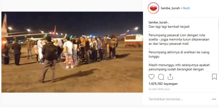 Lion Air rute Jakarta-Yogyakarta alami masalah ketika hendak berangkat. (Instagram/@lambe_turah)