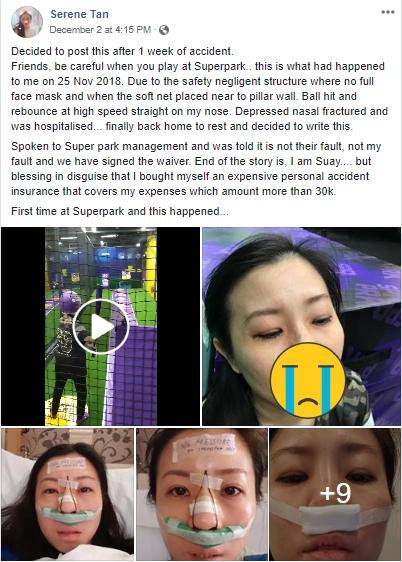 Main di SuperPark Singapore, Wanita Ini Alami Patah Tulang Hidung. (Facebook/Serene Tan)