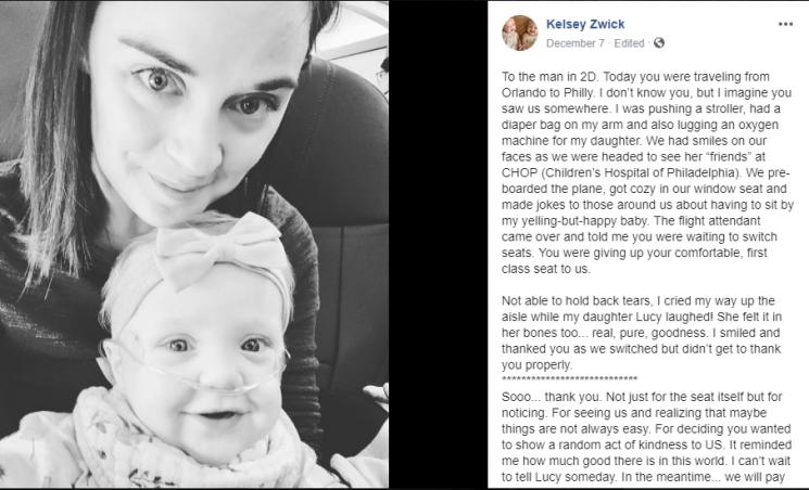 Bikin Terenyuh, Pria Ini Beri Kursi First Classnya untuk Ibu dan Bayinya yang Sedang Sakit. (Facebook/Kelsey Zwick)