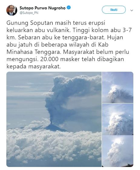 Gunung Soputan erupsi. (Twitter/@Sutopo_PN)