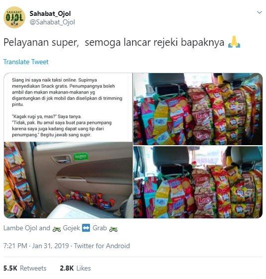 Driver Taksi Online Beri Snack Gratis Untuk Penumpang (twitter.com/Sahabat_Ojol)