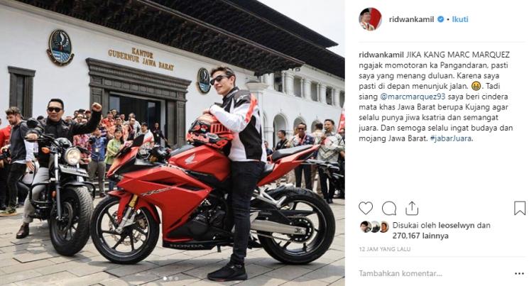 Marc Marquez juga sempat foto-foto kece naik motor bareng Ridwan Kamil. (Instagram/@ridwankamil)