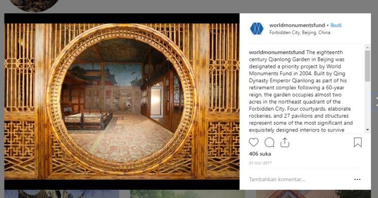 Qianlong Garden akan segera dibuka untuk umum. (Instagram/@worldsmonumentfund)