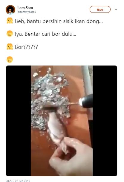 Bersihkan sisik ikan pakai bor. (Twitter/sammypasau)