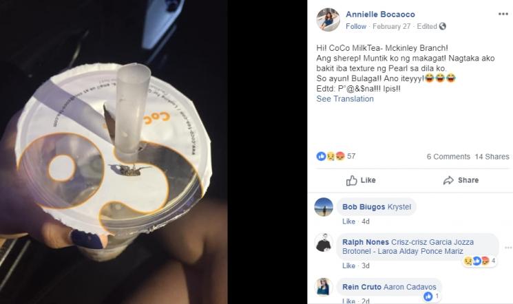 Temuan kecoa dalam milk tea. (Facebook/Annielle Bocaoco)