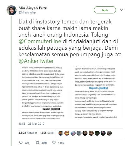 Ditegur di KRL, Penumpang Pria Ini Malah Balas Mengancam. (Twitter/Miaaisyahp)