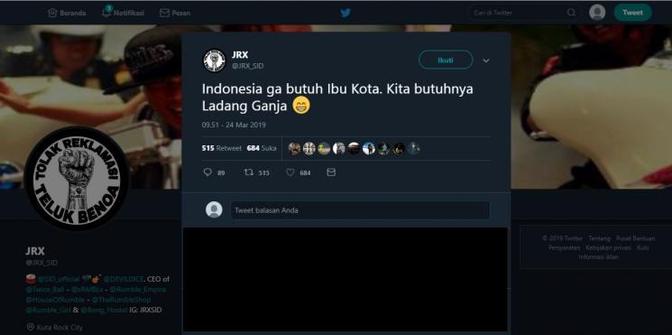 Jerinx: Indonesia Nggak Butuh Ibukota, Butuhnya Ganja. (twitter.com/JRX_SID)