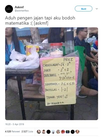 Bikin pusing, penjual jajanan ini kasih harga dagangan pakai rumus Matemarika. (Twitter/askmenfezz)