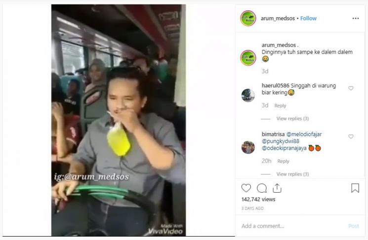 Multitasking Sambil Menyetir, Supir Bus Basah Kuyup (instagram.com/arum_medsos)