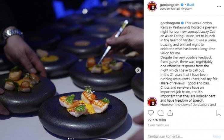 Balasan Gordon Ramsay atas kritik yang ditujukkan kepada restorannya. (Instagram/@gordongram)
