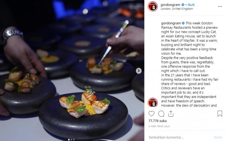 Balasan Gordon Ramsay atas kritik yang ditujukkan kepada restorannya. (Instagram/@gordongram)