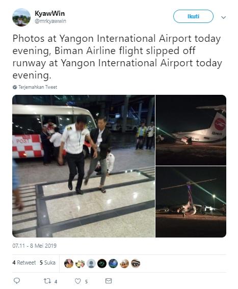 Pesawat tergelincir akibat cuaca buruk di Yangon, Myanmar. (Twitter/mrkyawwin)
