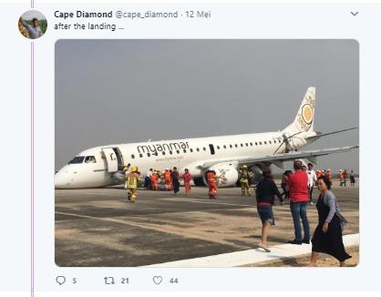 Mendarat tanpa roda, pilot Myanmar ini berhasil selamatkan 89 penumpang pesawat. (Twitter/@cape_diamond)