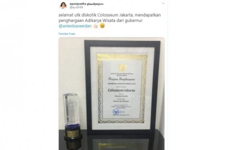 Penghargaan Anugerah Adikarya Wisata 2019 kepada Colloseum Club (twitter @ayudh69)