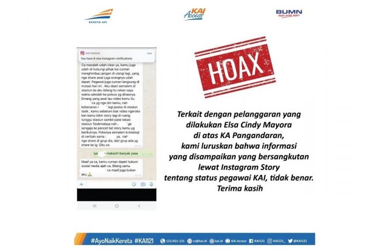 Pihak KAI menyatakan status pegawai KAI yang diklaim di IG Story Elsa tidak benar. (Twitter/ KAI121)