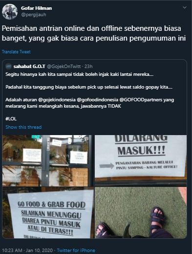 Viral Ojol Dilarang Masuk Restoran, Ini Tanggapan Menohok dari Gofar Hilman. (Twitter/@pergijauh)