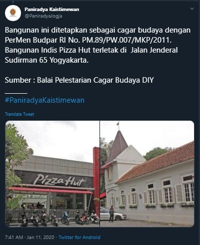 Bangunan Pizza Hut di Yogyakarta yang mejadi salah satu cagar budaya. (Twitter/@PaniradyaJogja)