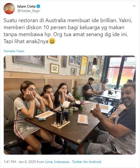 Viral Restoran Larang Pengunjung Main HP (twitter.com/Haidar_Bagir)