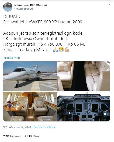 Iklan jualan jet pribadi di Twitter jadi viral (twitter.com/KurniaSubud)