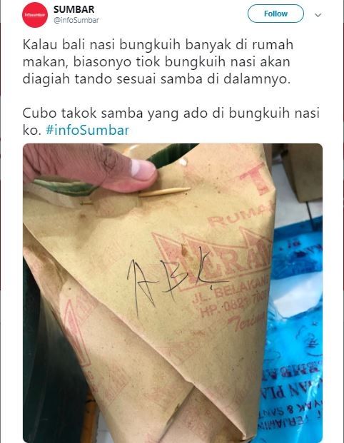 Arti Kode di Bungkus Nasi Padang (twitter.com/infoSumbar)