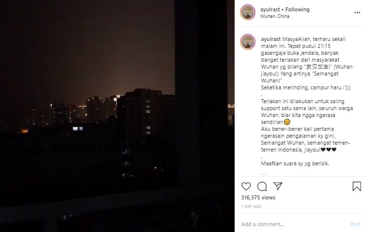 Viral video warga Wuhan saling menguatkan satu sama lain. (Instagram/@ayulrast)