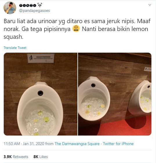 Toilet Pria Penuh Es Batu dan Potongan Jeruk Nipis (twitter.com/pandapegasoes)