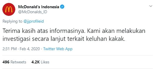 Tanggapan McDonald's Indonesia. (twitter.com/mcdonalds_id)