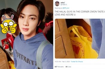 Kantong plastik The Halal Guys di selfie Jin BTS (twitter.com/780613)