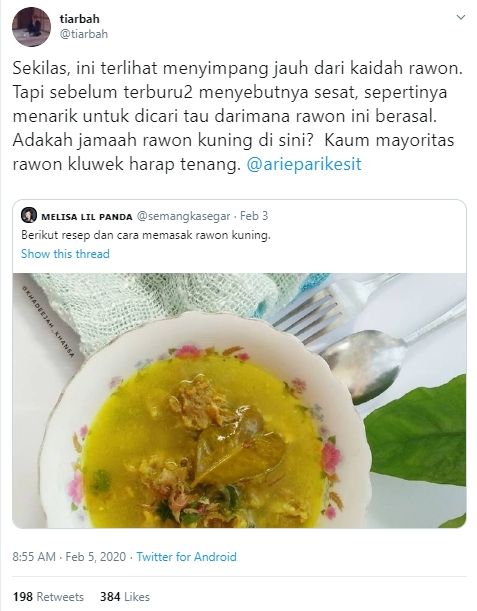 Cuitan Chef Tiar Soal Rawon. (twitter.com/tiarbah)