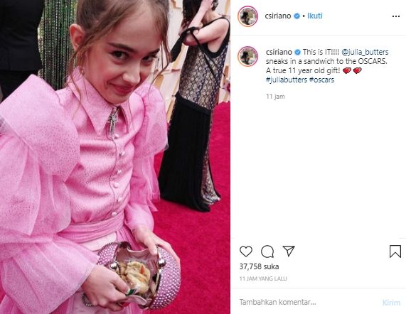 Hadir ke Acara Oscar 2020, Aktris Cilik Ini Sembunyikan Makanan di Dalam Tas. (Instagram/@csiriano)