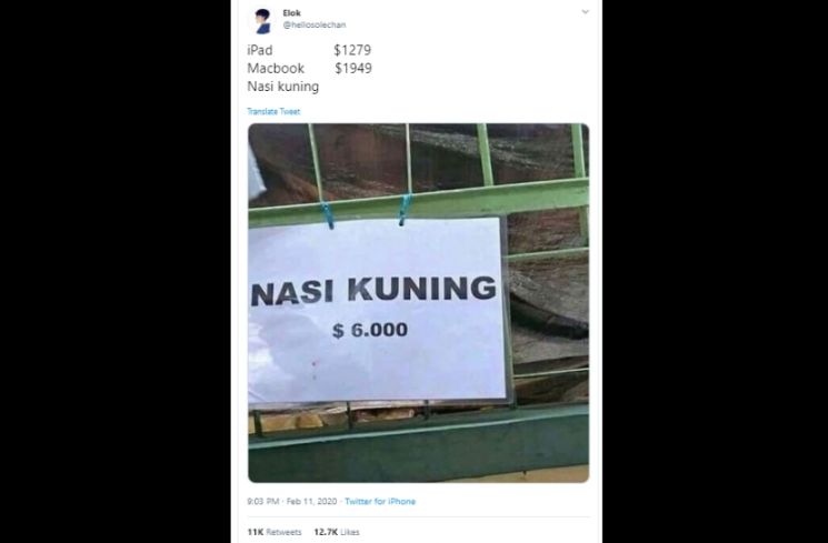 Viral nasi kuning termahal. (Twitter/@hellosolechan)