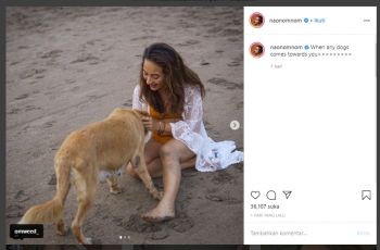 Naomi Zaskia main bareng anjing di pantai. (Instagram/@naonomnom)