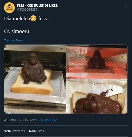 Cokelat gorila meleleh, netizen ucapkan belasungkawa. (Twitter/@FOODFESS2)