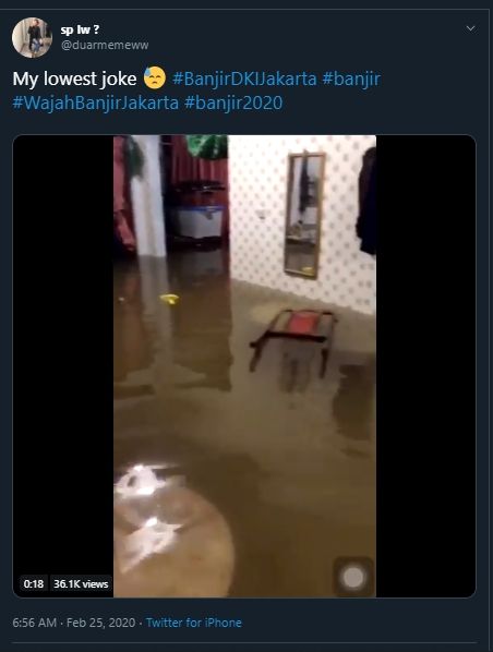 Sedih Tapi Ngakak, Netizen Ini Sebut Banjir Jakarta Mirip Lautan Thai Tea. (Twitter/@duarmemeww)