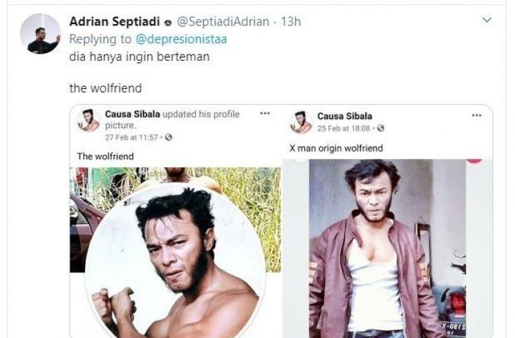 Reaksi kocak warganet menanggapi Wolverine versi kearifan lokal. (Twitter/ depresionistaa)