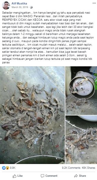  Mengeluh Nasi Kerap Basi, Netizen Ini Temukan Hal Jorok di Dalam Magic Jar. (Facebook/Alif Mustika)