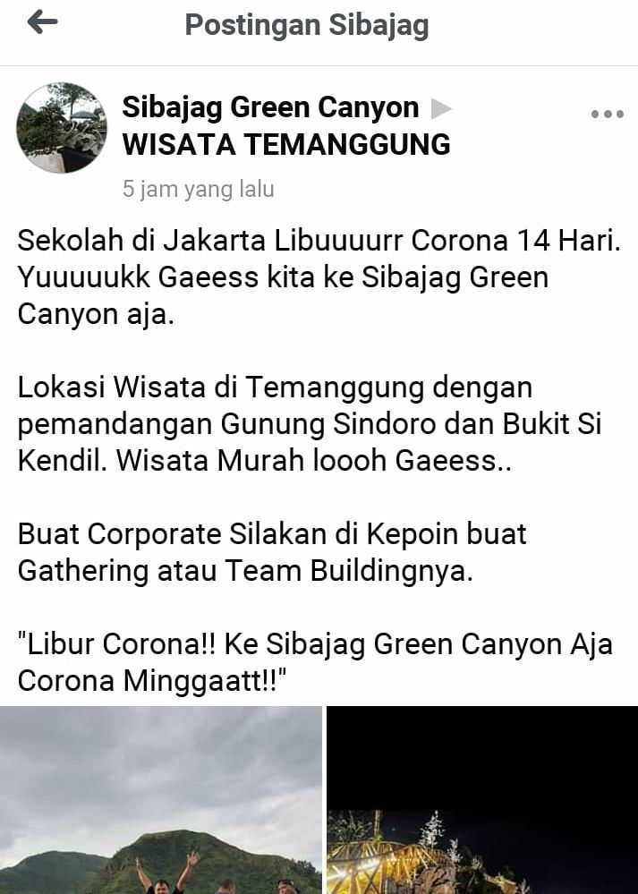 Dihimbau Isolasi Virus Corona, Wisata Temanggung Ini Malah Ajak Liburan. (Facebook/Sibajag Green Canyon)