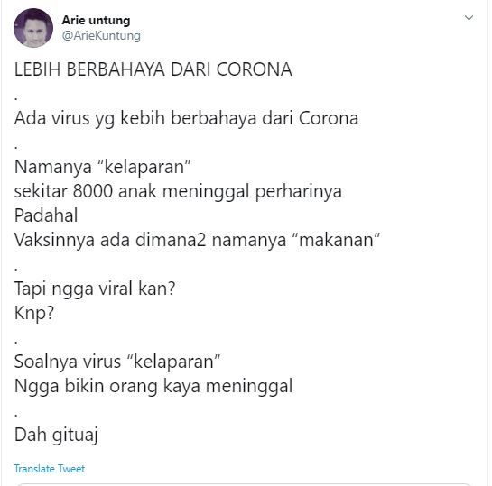 Arie Untung Bandingkan Kelaparan dengan COVID-19 (twitter.com/ArieKuntung)