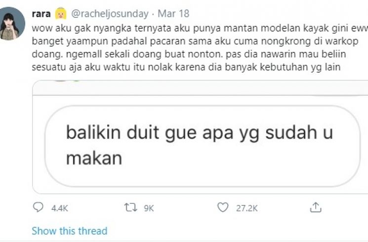 Mantan minta balikin uang selama pacaran. (Twitter @racheljosunday)