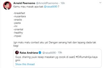 Raisa Tanya Resep ke Netizen, Chef Arnold: Kamu Mau Masak Apa Kak?. (twitter.com/arnoldpoernomo)