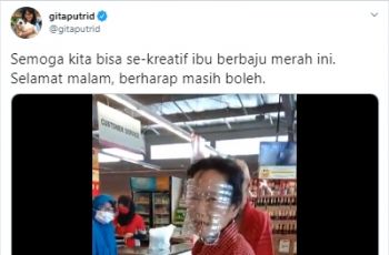 Masker Langka, Ibu Ini Belanja ke Supermarket Pakai Masker dari Botol Air Mineral. (twitter.com/gitaputrid)