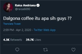 Tanya Apa Itu Dalgona Coffee? Raisa Bikin Netizen Geregetan. (Twitter/@raisa6690)