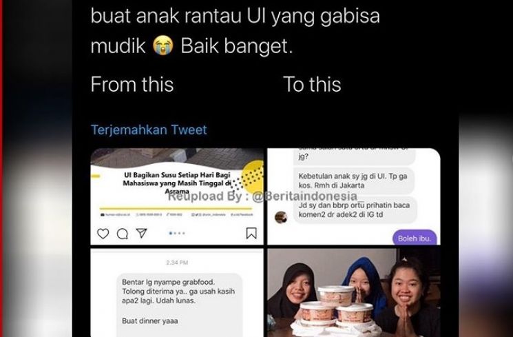 Anak rantau dapat kiriman makanan dari ibu-ibu. (Instagram@viralrepost.id)