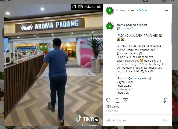 Restoran Aroma Padang mengusung konsep conveyor belt (Instagram @aroma_padang)